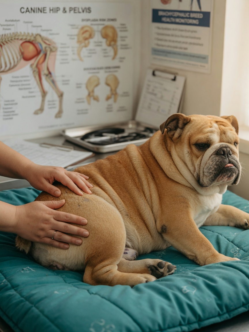 English Bulldog undergoing orthopedic hip examination by veterinarian