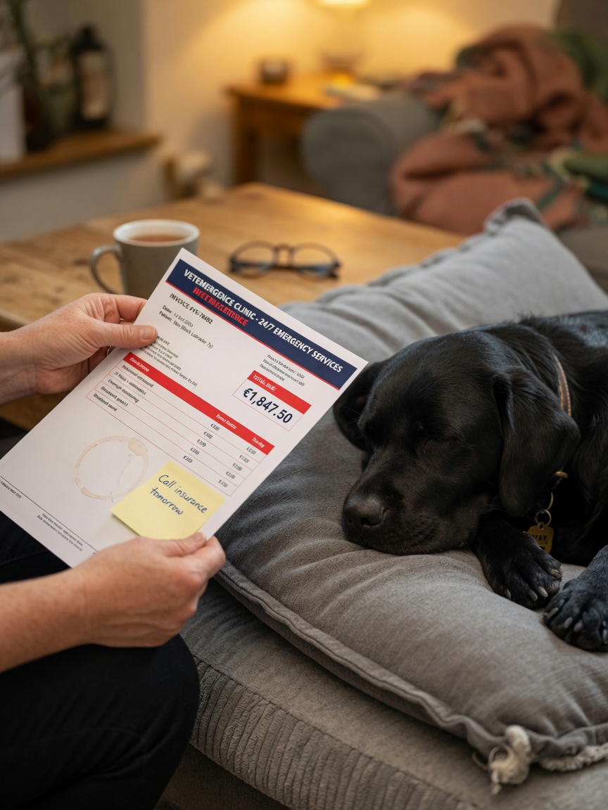 Pet owner holding a substantial veterinary invoice while their black Labrador rests peacefully beside them