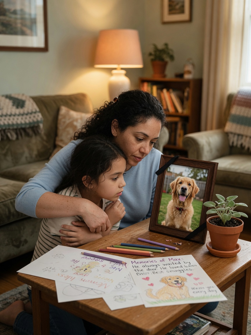 Family creating a pet memorial with framed photo, potted plant, and written memories on a home table