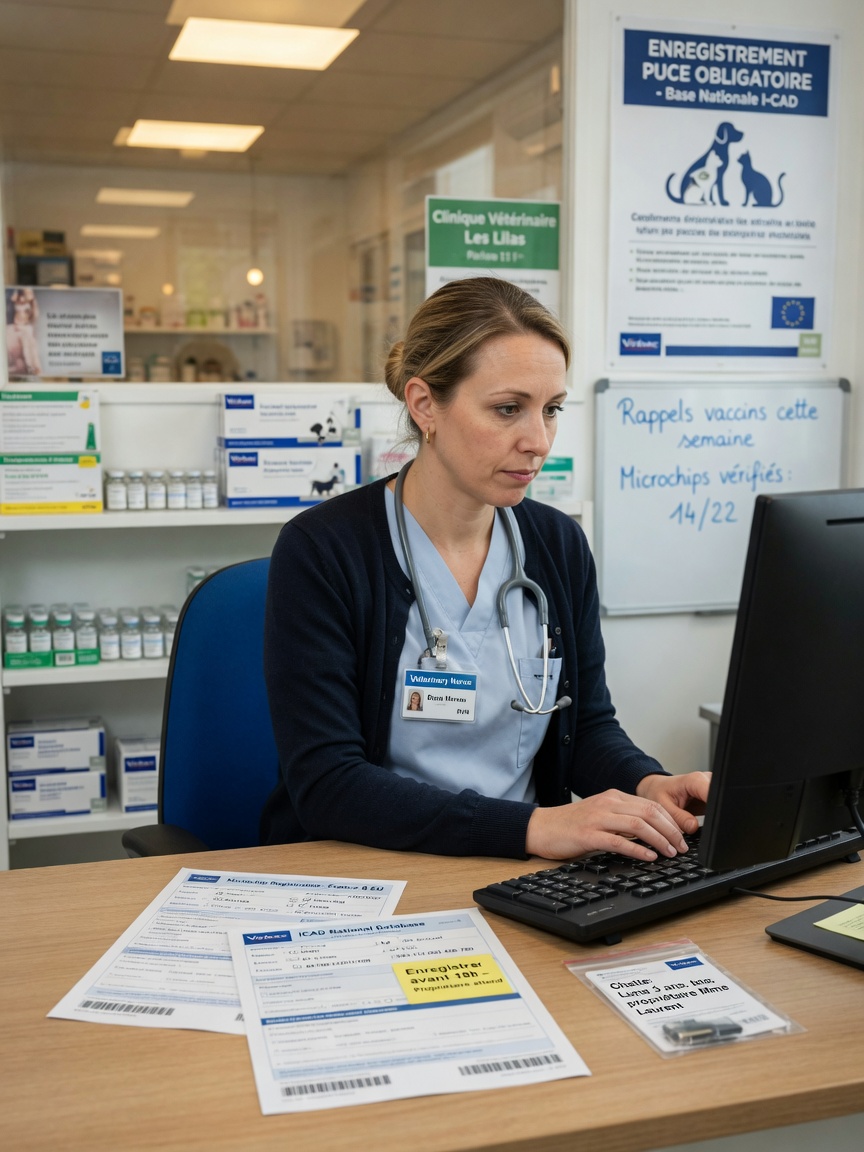 Veterinary staff registering a pet microchip in a national database at a clinic computer