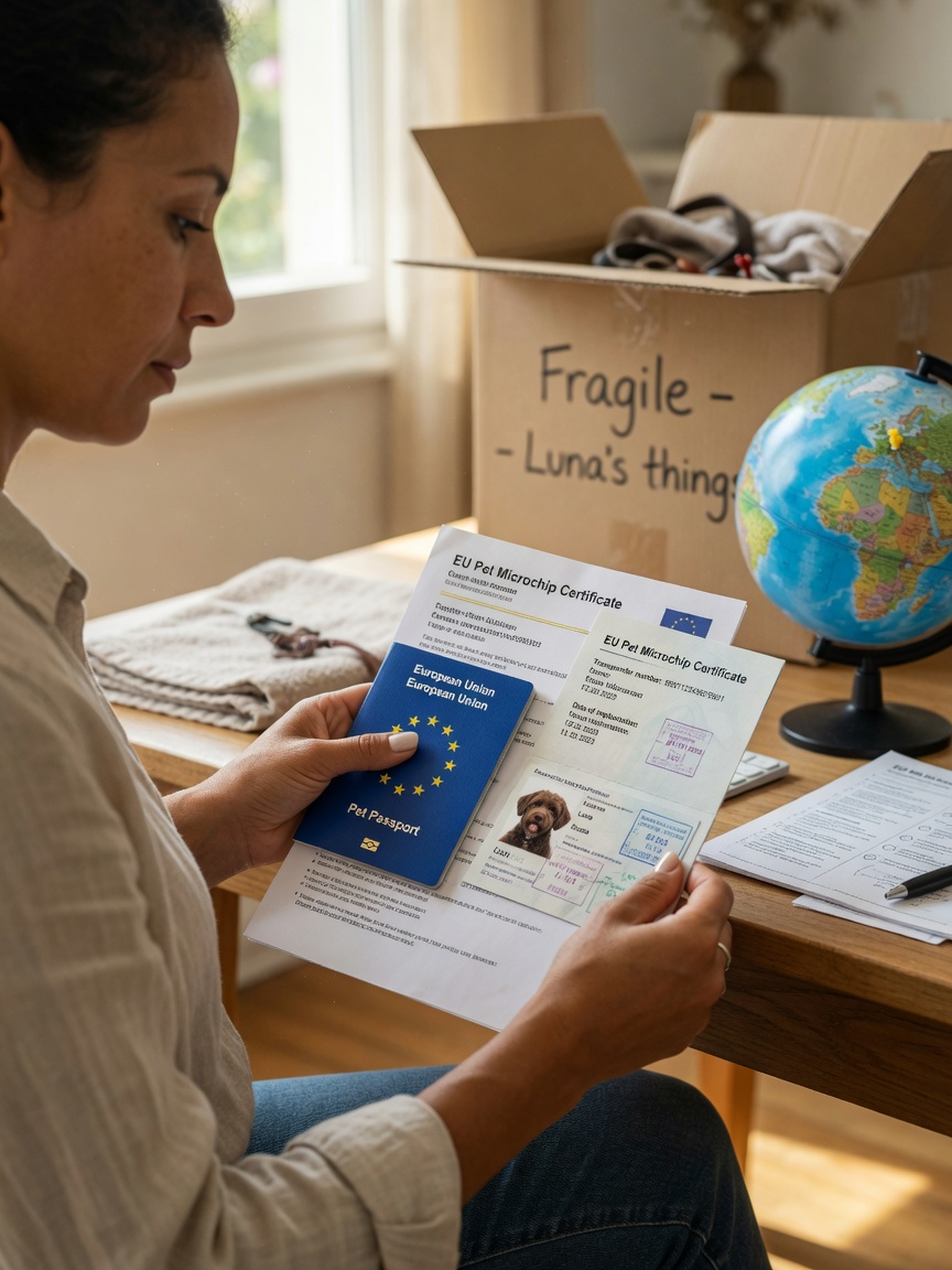 Pet owner reviewing microchip registration documents and EU pet passport before moving countries