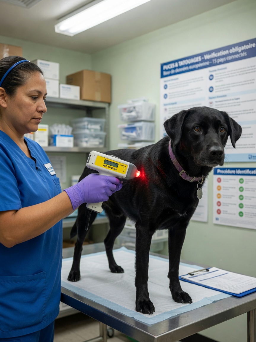 Animal shelter worker scanning a microchip on a rescued Labrador using a handheld microchip scanner