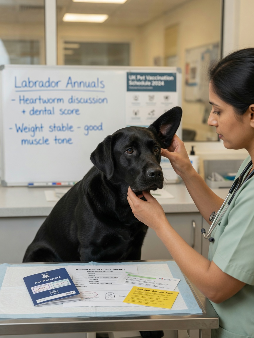 Veterinarian performing routine health check on a Labrador Retriever during annual examination