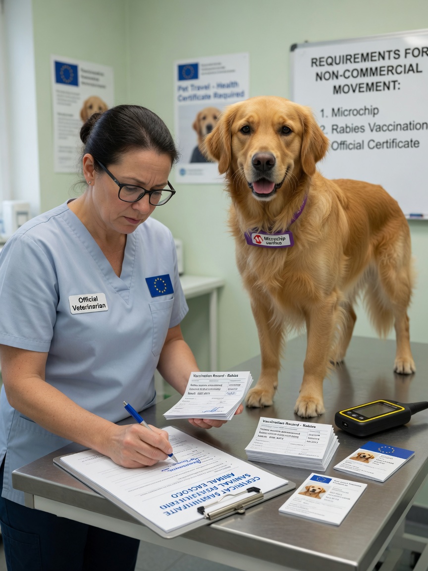 Official Veterinarian completing Animal Health Certificate with golden Retriever on examination table in clinic