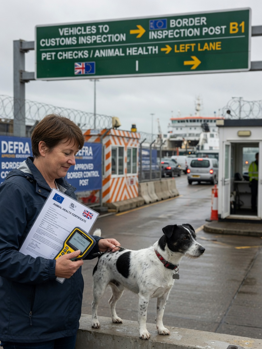 Pet owner with Jack Russell Terrier at approved Border Inspection Post with Animal Health Certificate