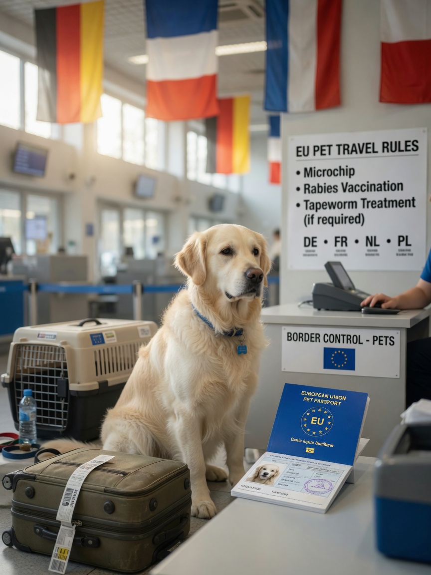 Dog with EU Pet Passport at European border checkpoint with country flags visible