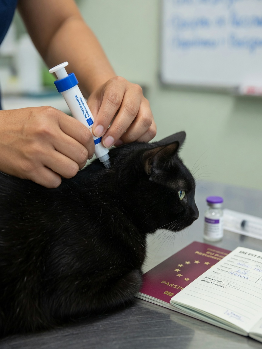 Veterinarian implanting microchip in cat as first step of EU Pet Passport requirements