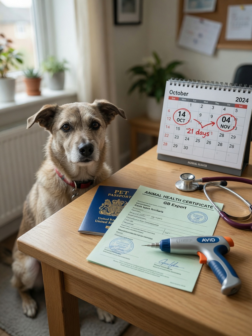UK pet passport and Animal Health Certificate documents with a dog and veterinary supplies on a desk
