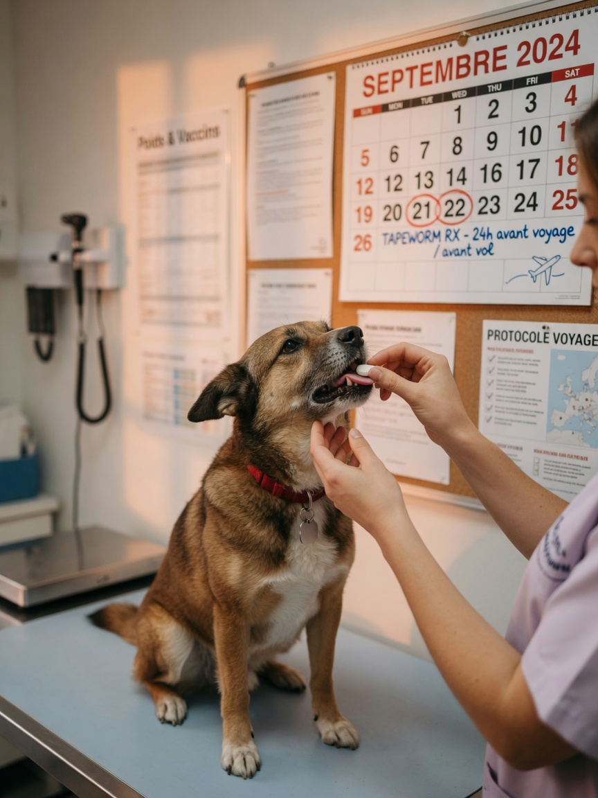 Veterinarian administering tapeworm treatment to a dog during a clinic visit