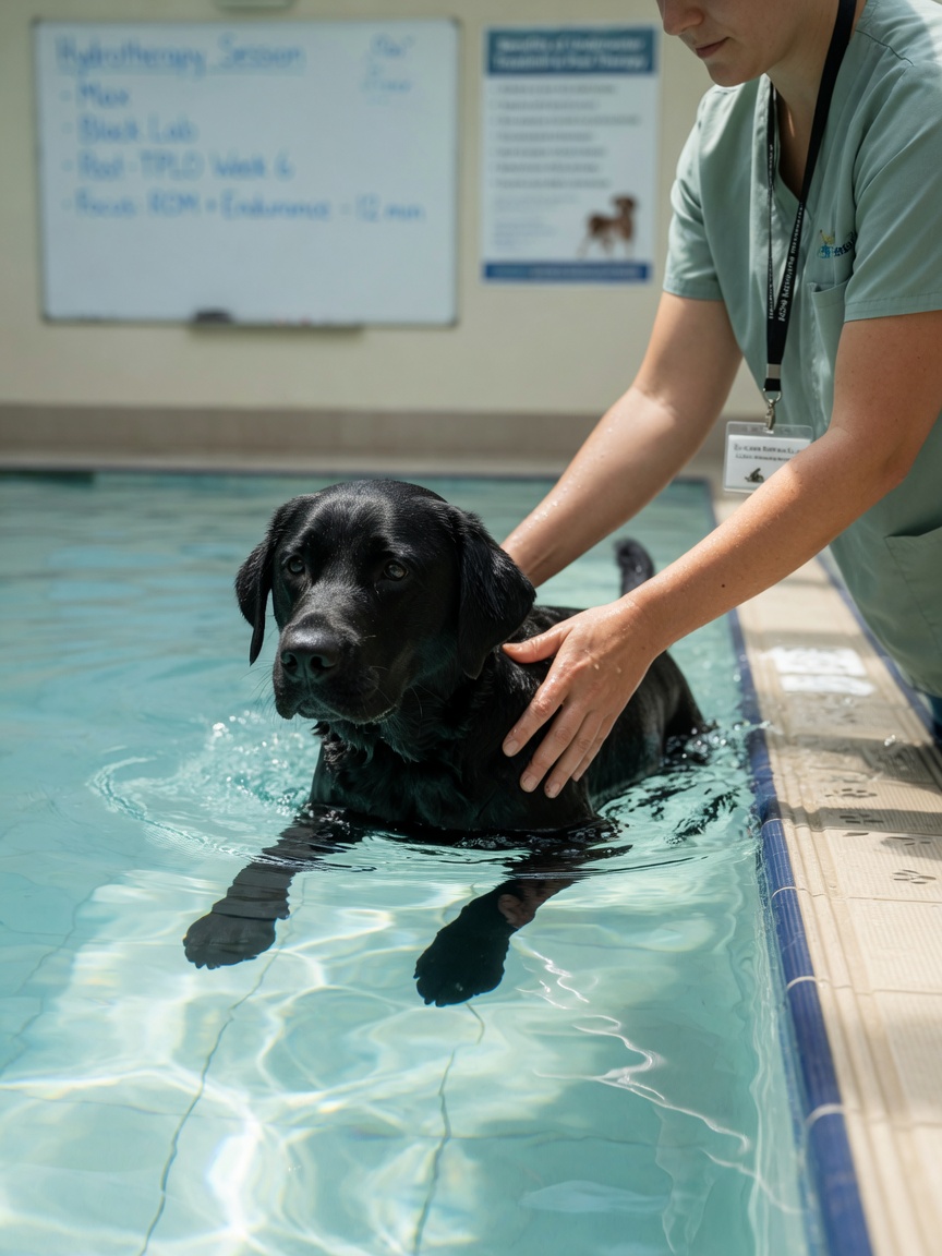 Labrador retriever swimming in therapeutic pool with veterinary physiotherapist providing support during hydrotherapy session