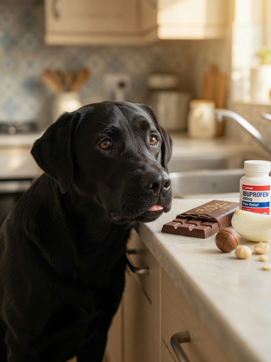 Curious black Labrador sniffing toxic household items on kitchen counter