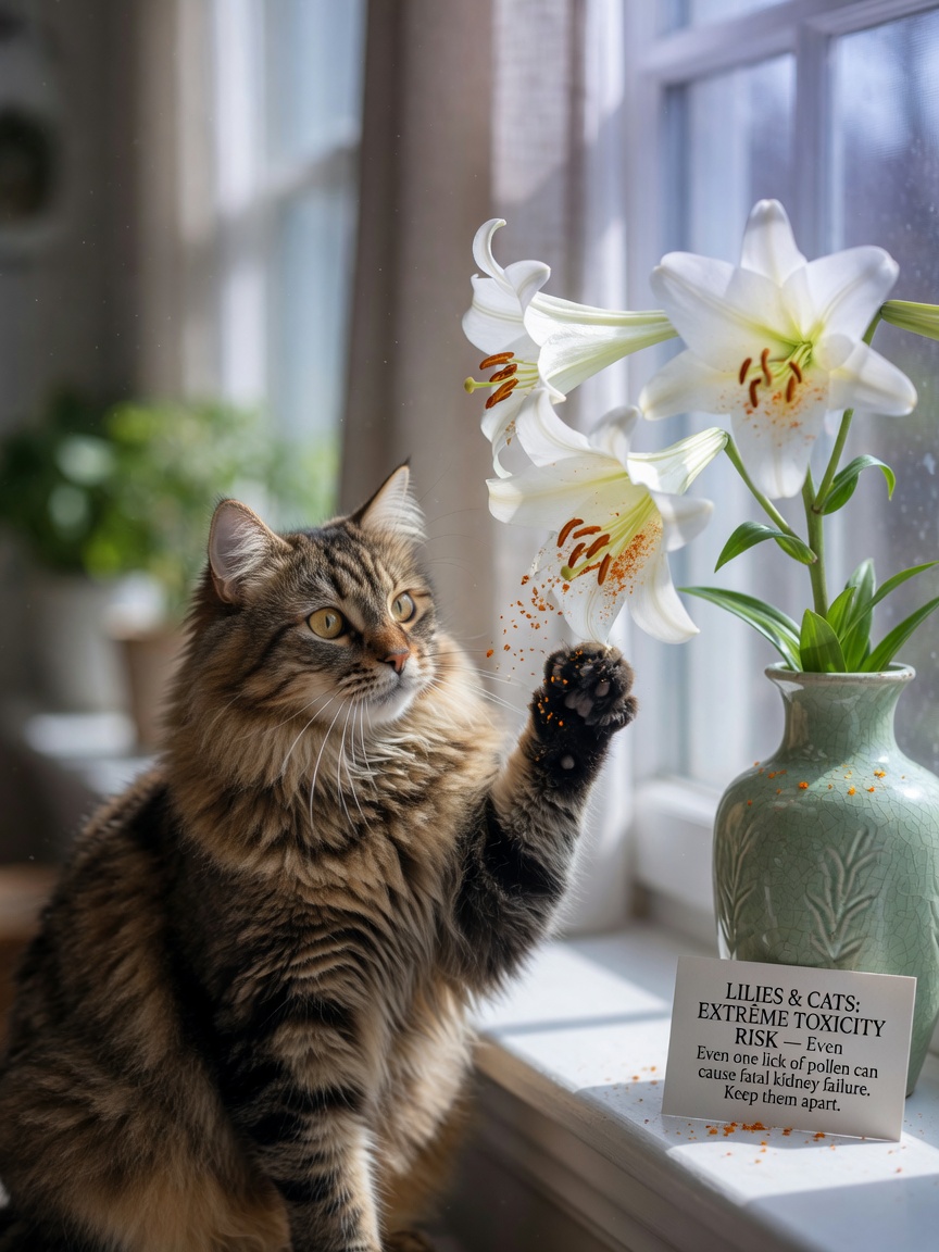 Tabby cat sitting close to Easter lily with pollen visible, demonstrating lily toxicity risk