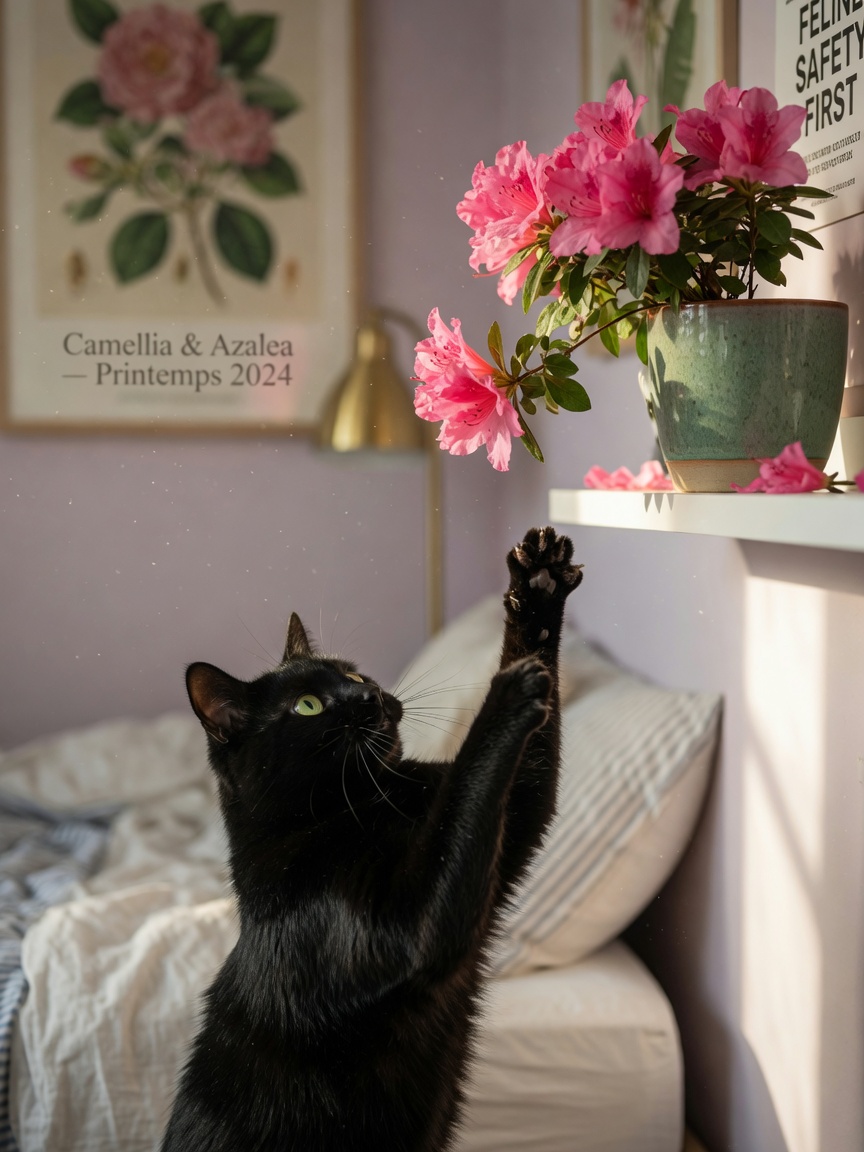 Black cat reaching toward toxic azalea flowers on a high shelf