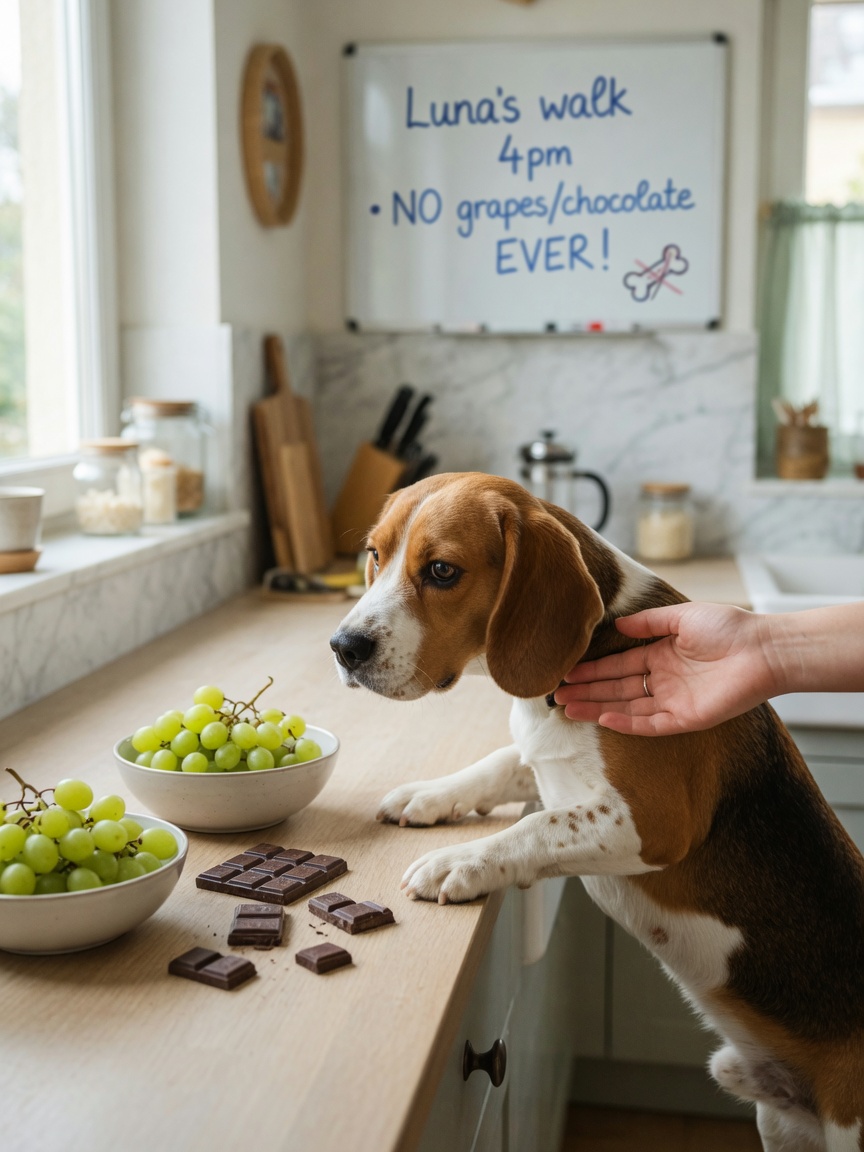 Beagle attempting to eat toxic chocolate and grapes on a kitchen counter