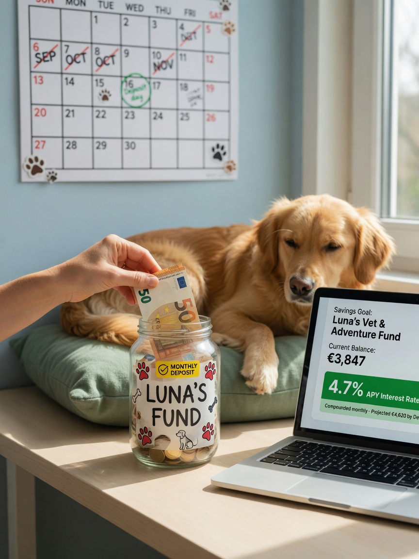 Hand depositing cash into a savings jar for pet healthcare with a laptop showing savings account details and a resting dog nearby