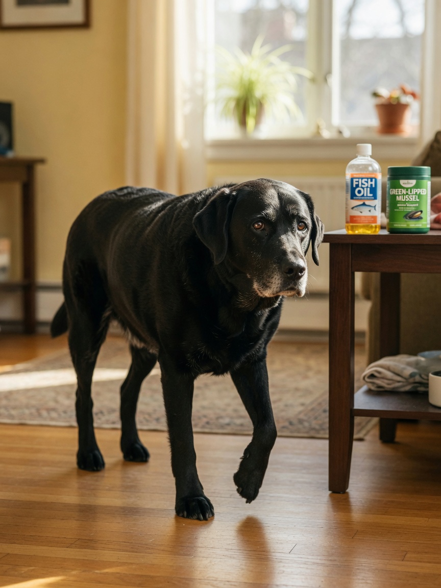 Senior black Labrador with arthritis limping indoors near supplement bottles