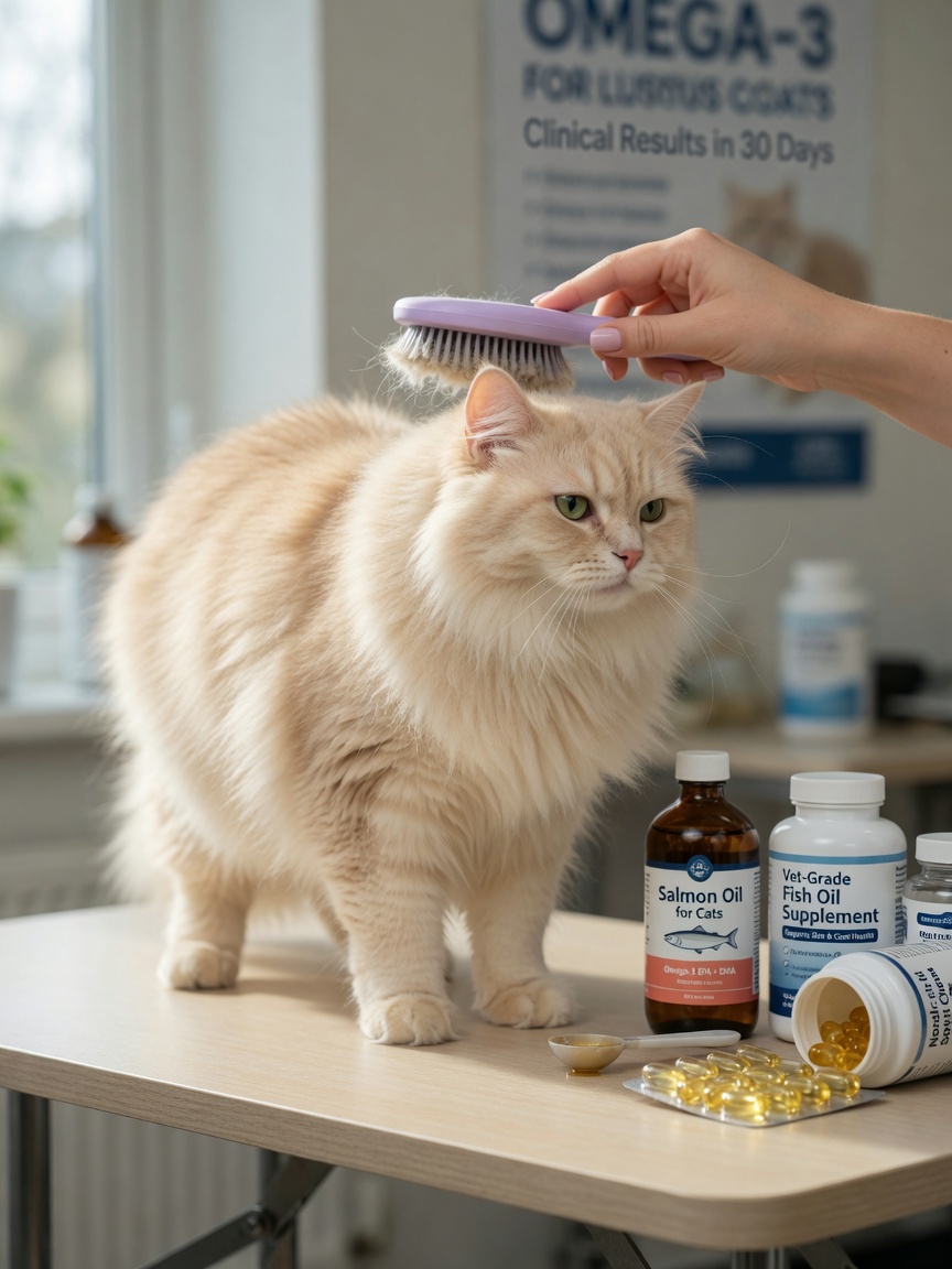 Cream-coloured cat with healthy coat being groomed near omega-3 supplement bottles