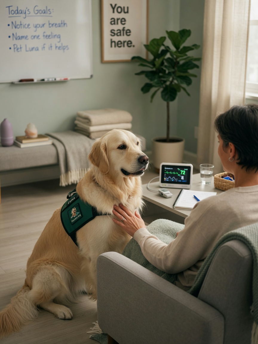 Therapy dog interacting with psychiatric patient in evidence-based animal-assisted therapy session