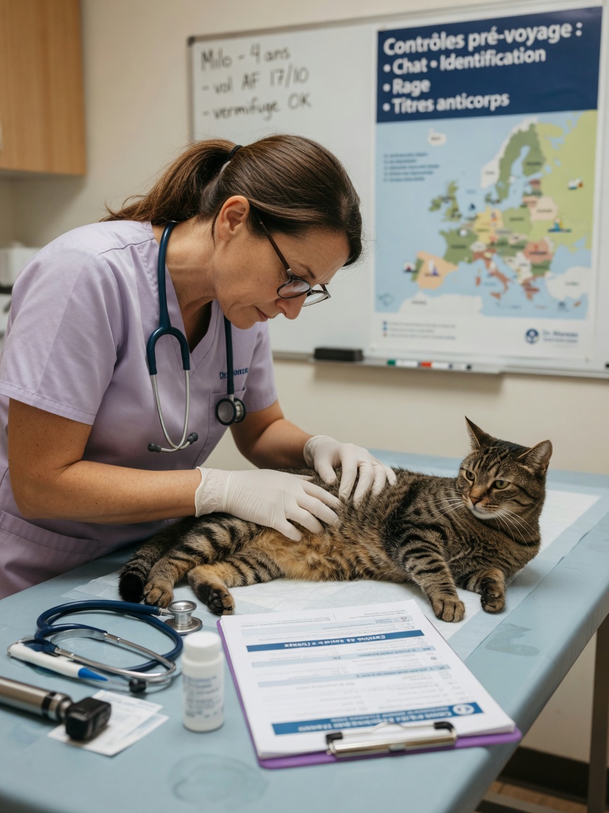 Veterinarian performing a health examination on a tabby cat on a clinical table during a pre-travel checkup