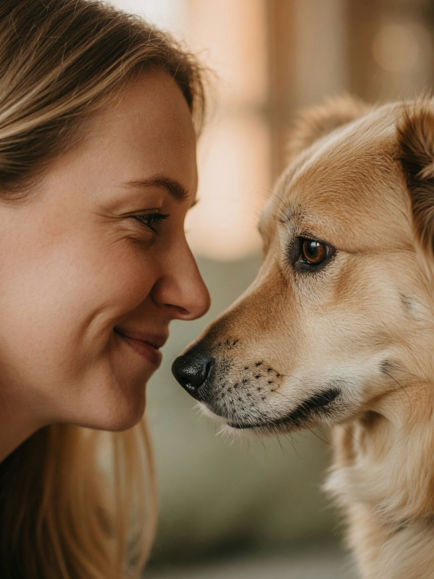 Human and dog making eye contact in an intimate moment, illustrating the oxytocin bonding mechanism