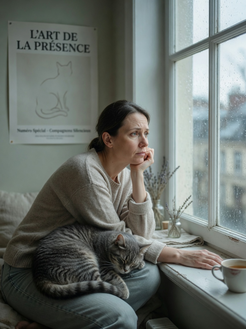 Person sitting thoughtfully with a cat providing quiet companionship, depicting pet support for loneliness and depression