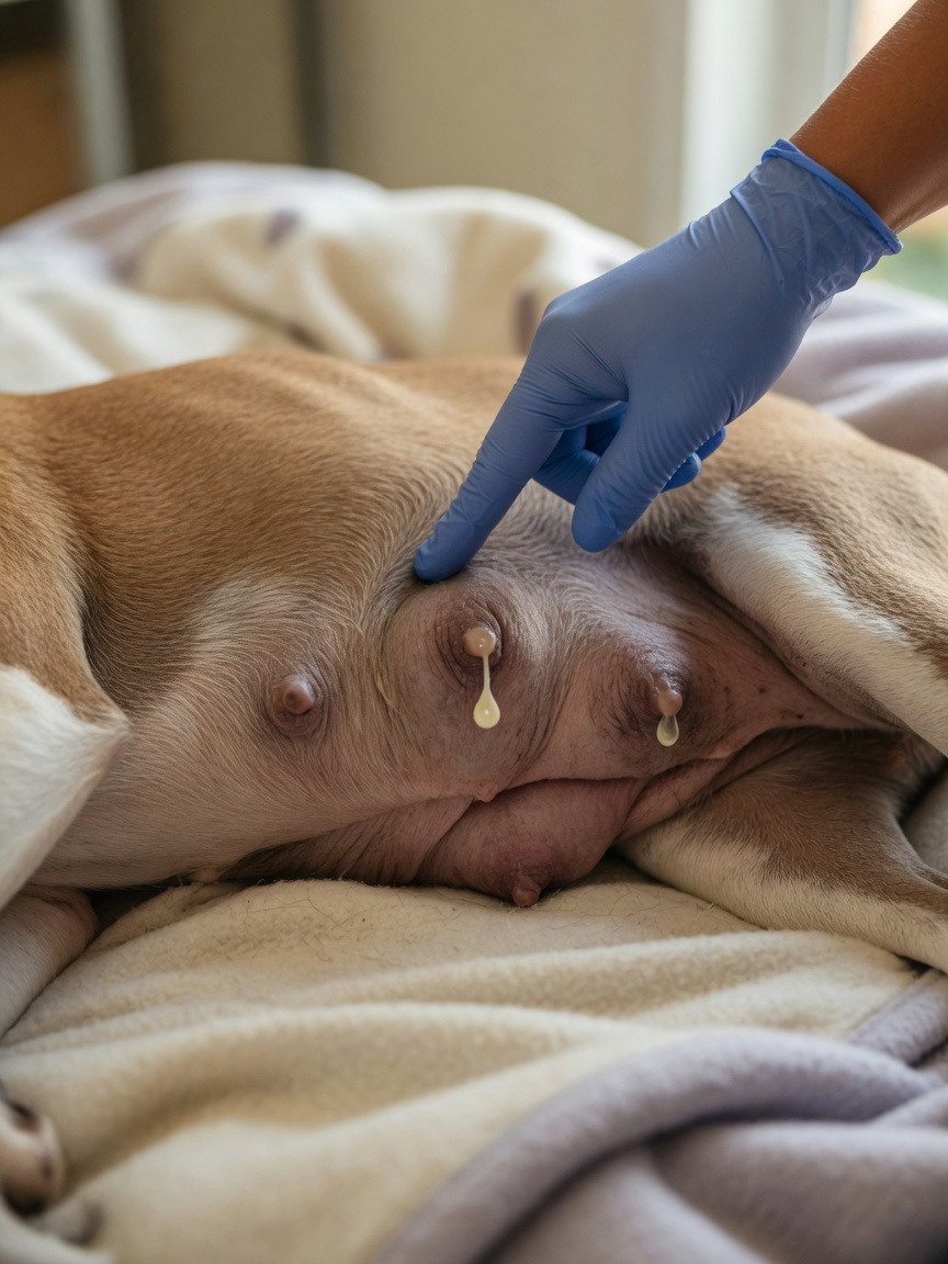 Close-up of enlarged mammary glands showing milk production during phantom pregnancy with veterinarian examining