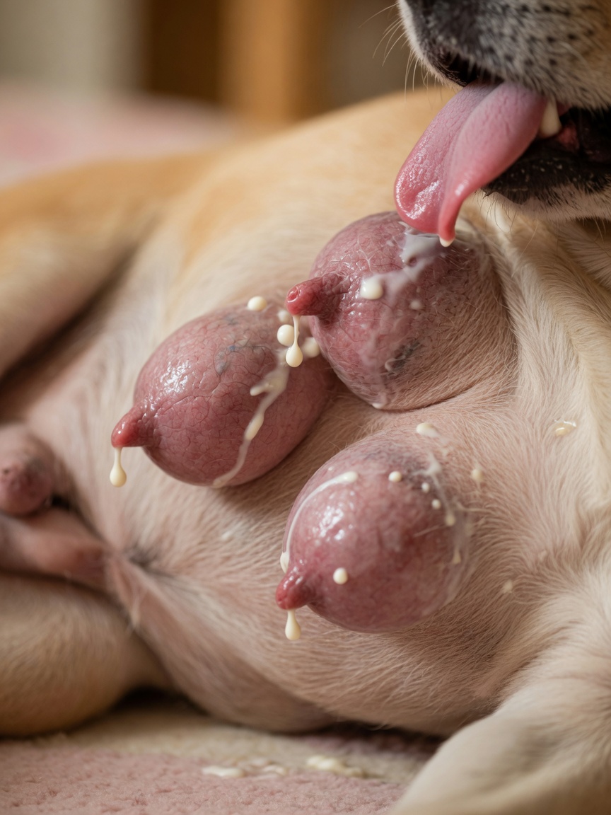 Close-up of a dog's swollen mammary glands showing milk production and visible engorgement from phantom pregnancy.
