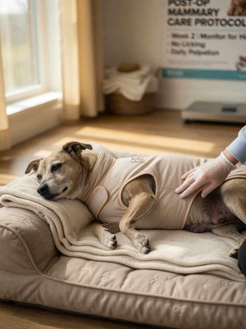 A female dog wearing a properly fitted soft buster collar as a management intervention for phantom pregnancy, examined by a veterinarian's gentle hands.