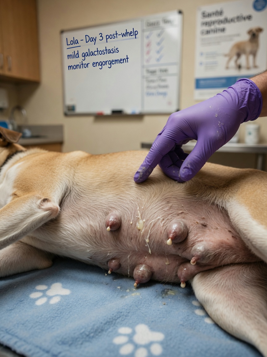 Close-up examination of female dog's mammary gland showing signs of phantom pregnancy with mild enlargement, veterinarian's hand performing gentle assessment