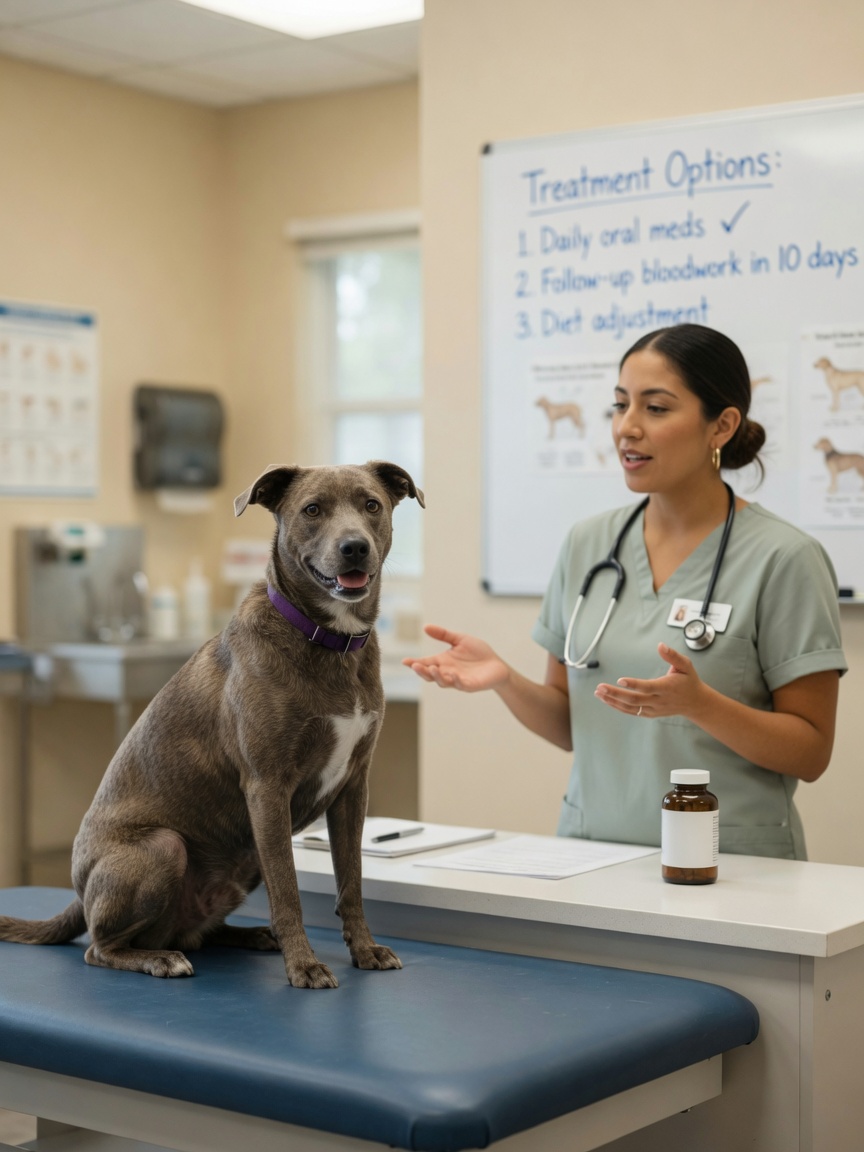 Female dog at veterinary clinic receiving consultation about phantom pregnancy treatment options with compassionate veterinarian