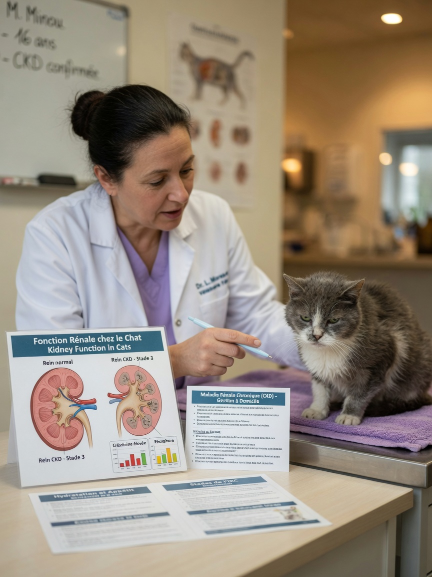 Veterinarian consulting with owner about kidney disease progression in senior cat during examination