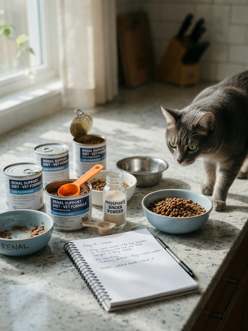 Cat food management setup showing prescription renal diet bowls, binder supplements, and feeding notes for phosphorus control