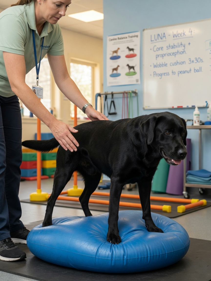 Canine physiotherapist working with black Labrador on wobble cushion for proprioceptive therapeutic exercise