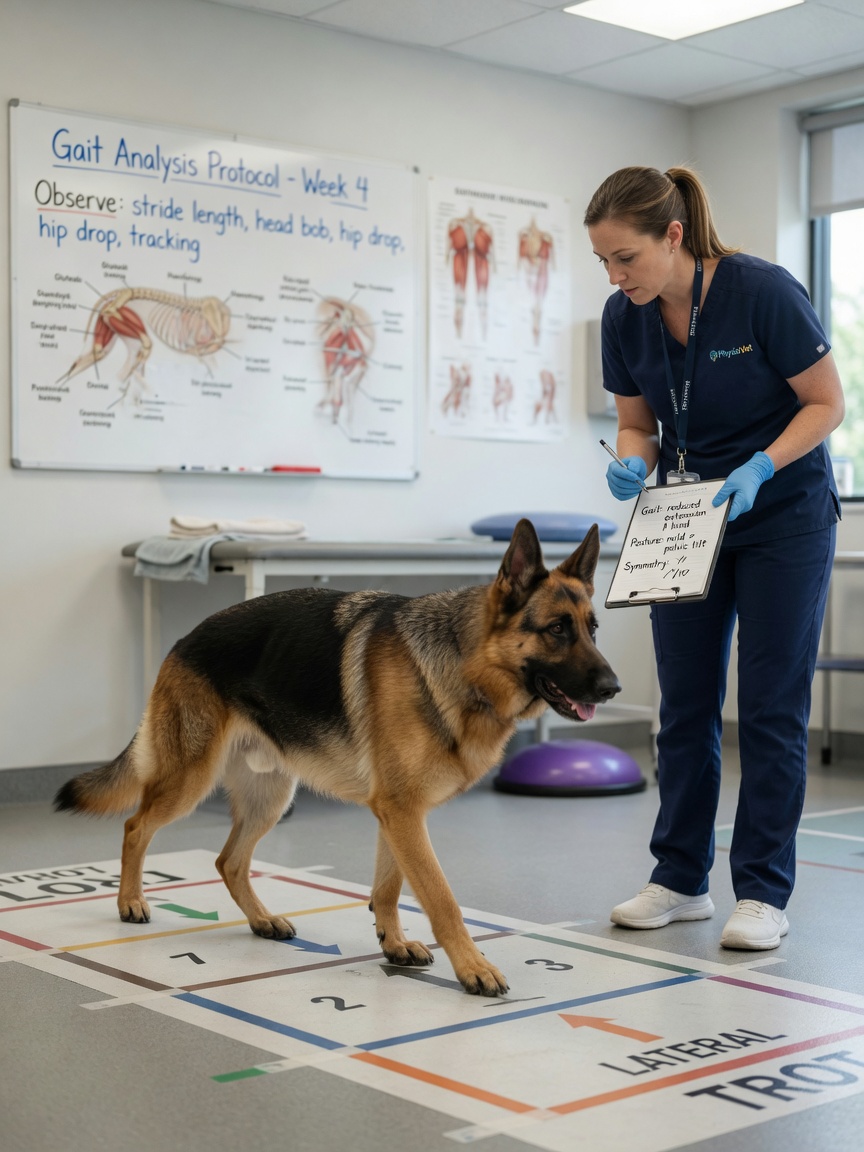 Veterinary physiotherapist conducting initial gait and posture assessment of German Shepherd during rehabilitation evaluation