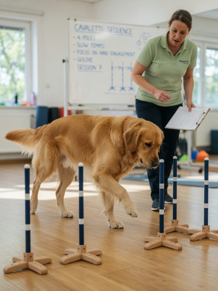 Dog performing cavaletti pole exercise during physiotherapy rehabilitation session