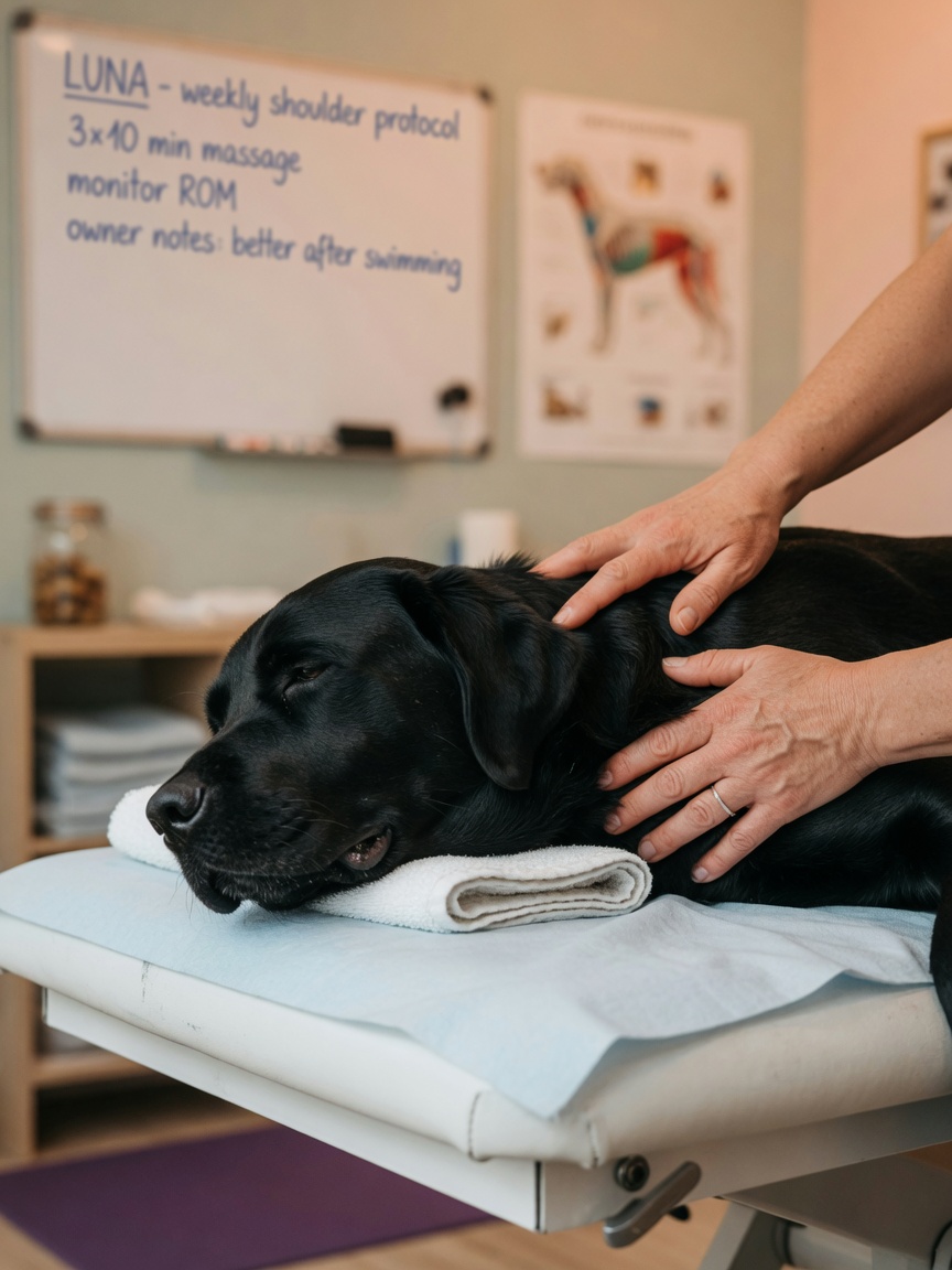 Physiotherapist performing therapeutic massage on a relaxed dog's shoulder and neck muscles