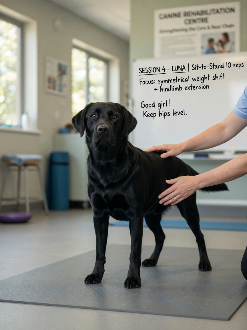 Black labrador performing sit-to-stand strengthening exercise during physiotherapy