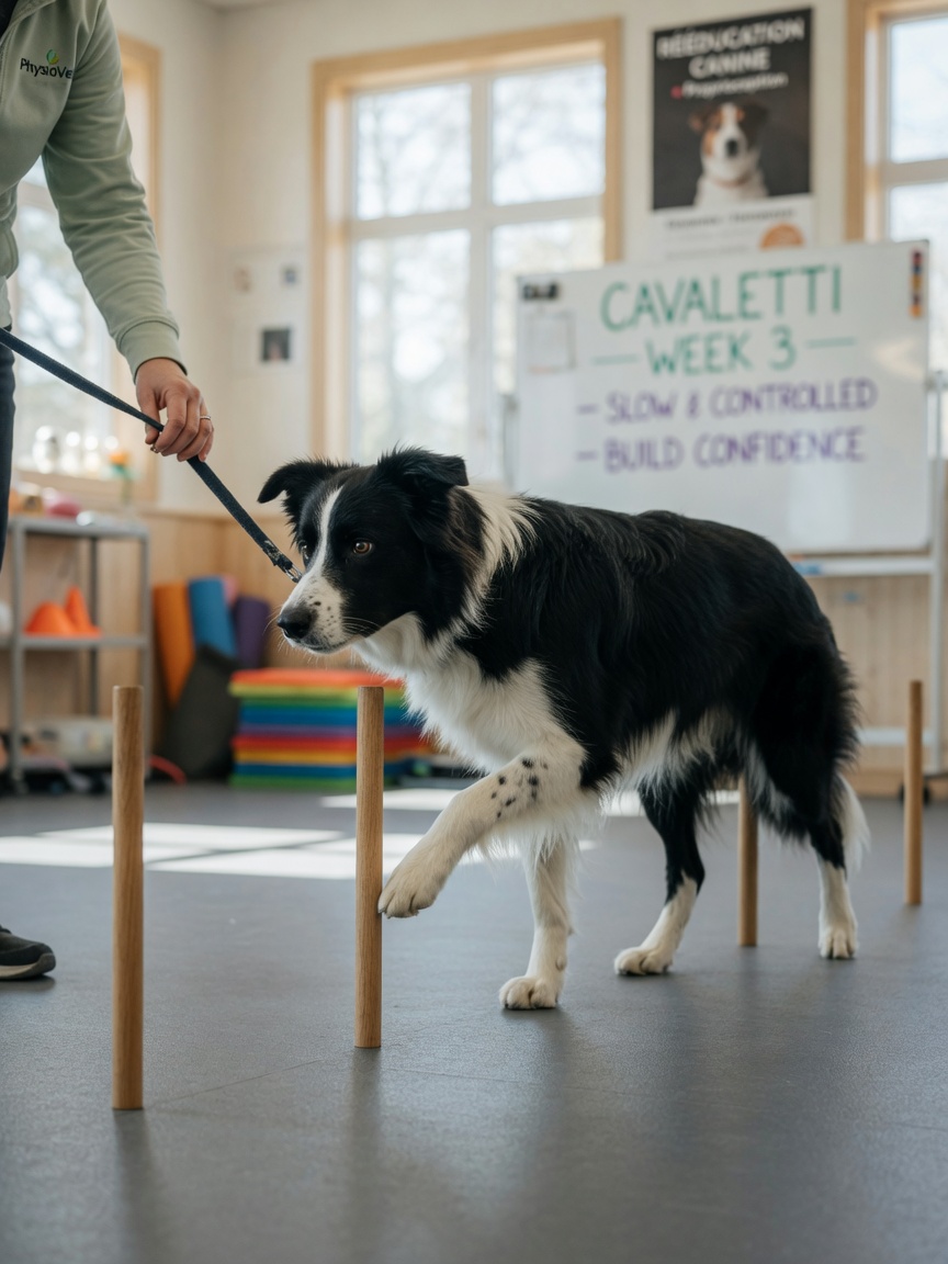 Border collie walking over cavaletti ground poles during endurance building exercise