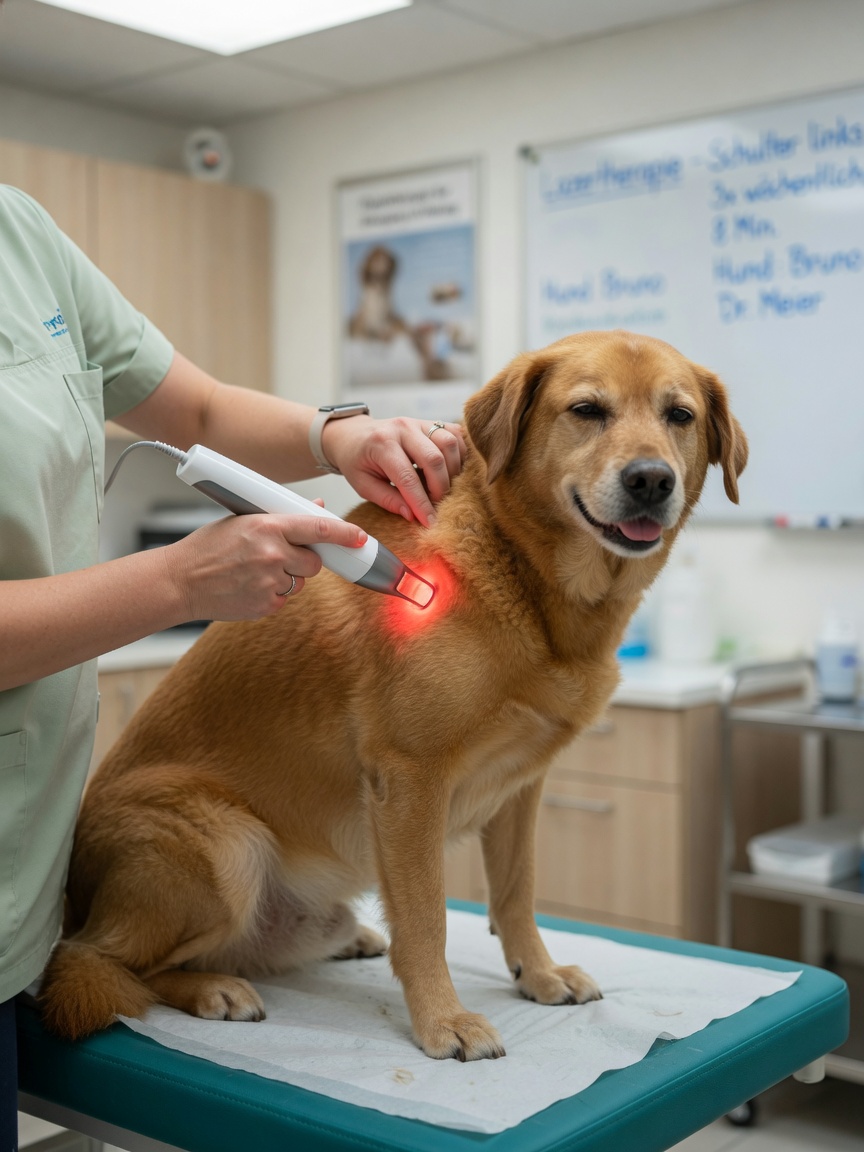 Veterinary physiotherapist applying low-level laser therapy to a dog's shoulder during rehabilitation