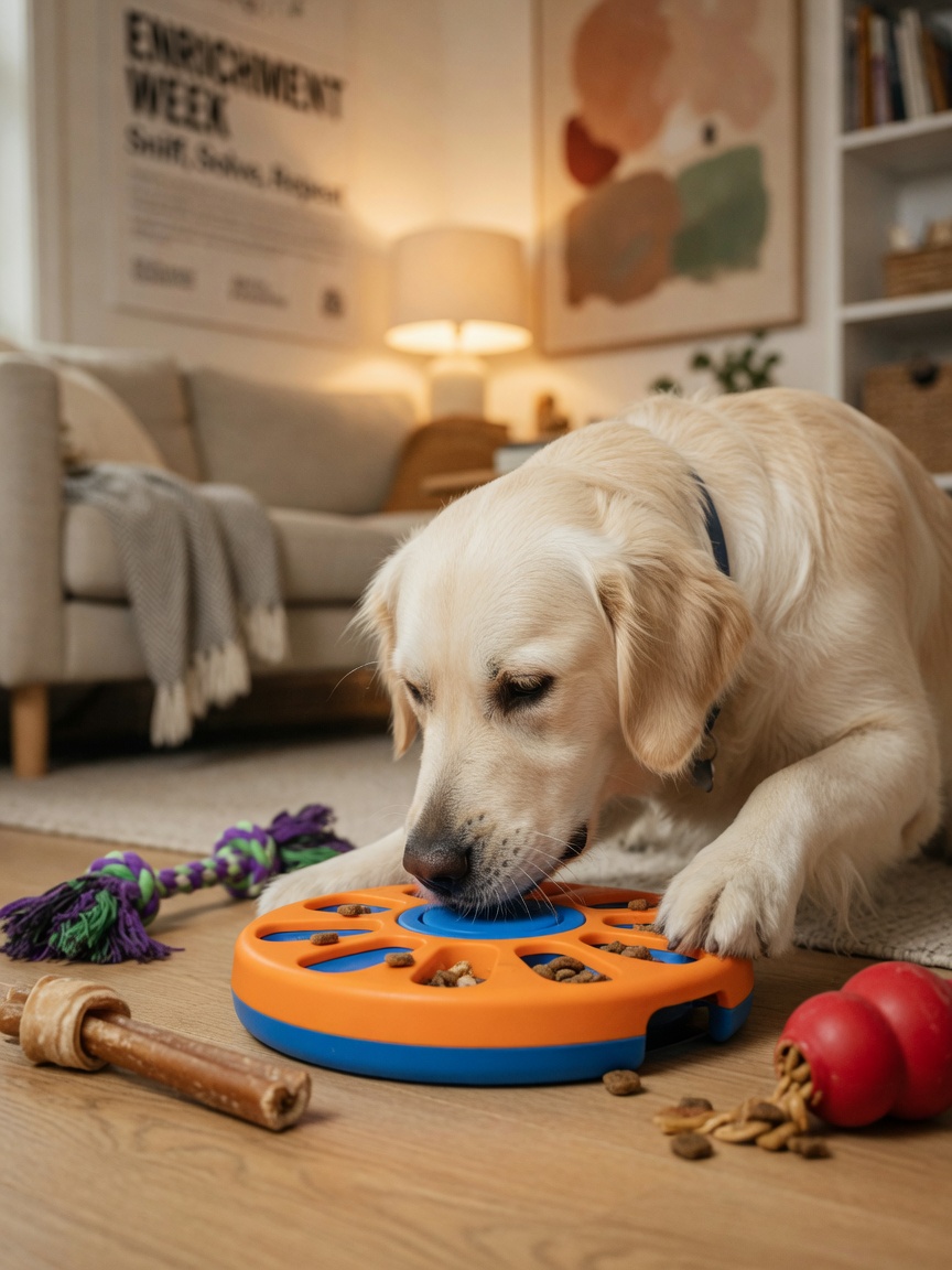 Dog engaged with puzzle feeder and enrichment toys as pica management