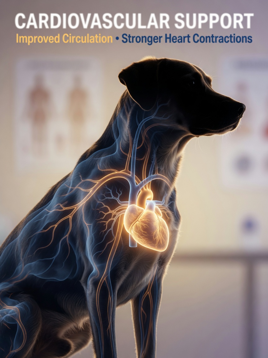 Scientific visualization of pimobendan's mechanism of action showing heart strengthening and blood vessel dilation in a dog's cardiovascular system
