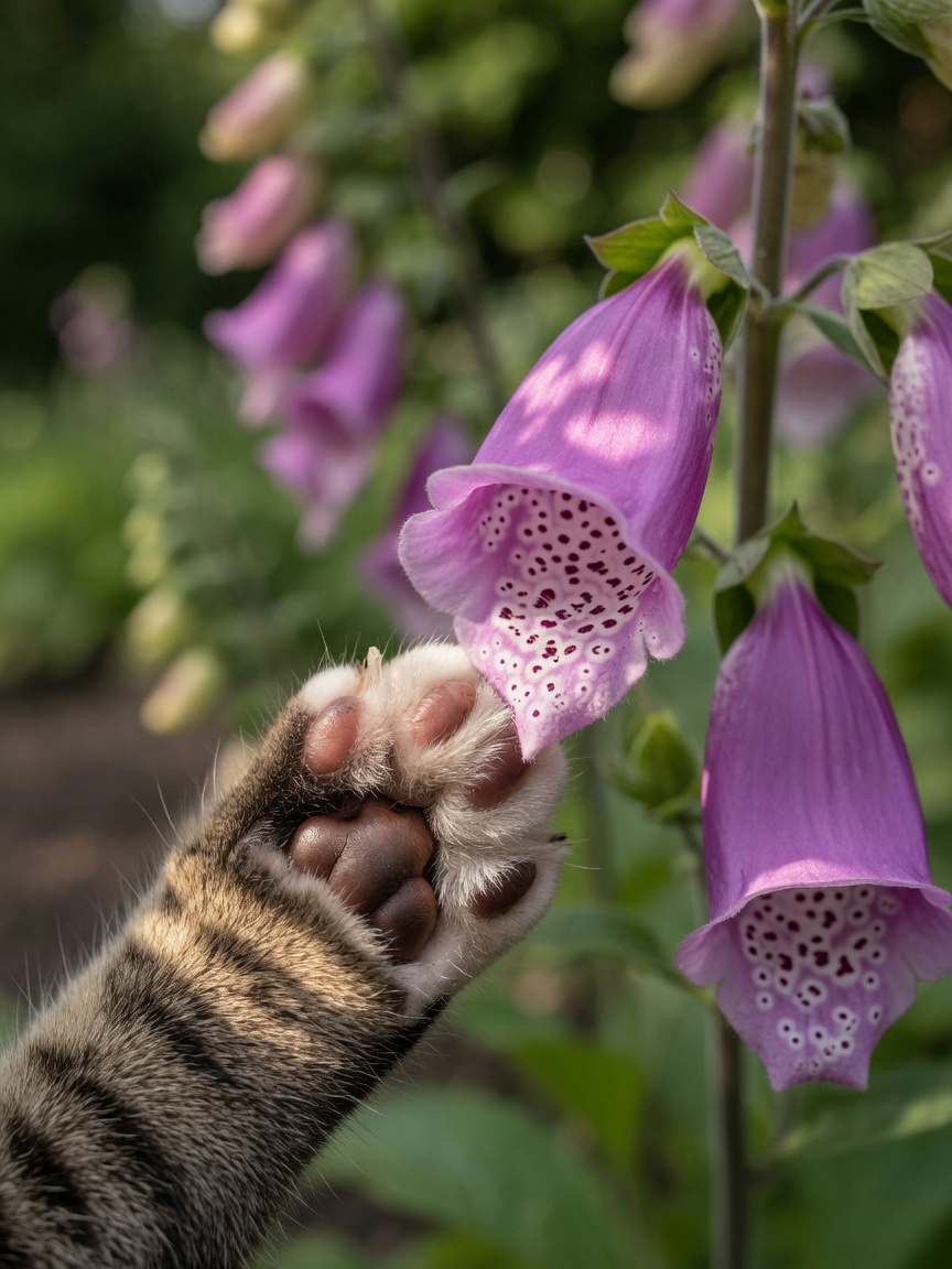 A cat's paw touching a purple foxglove flower in a garden setting