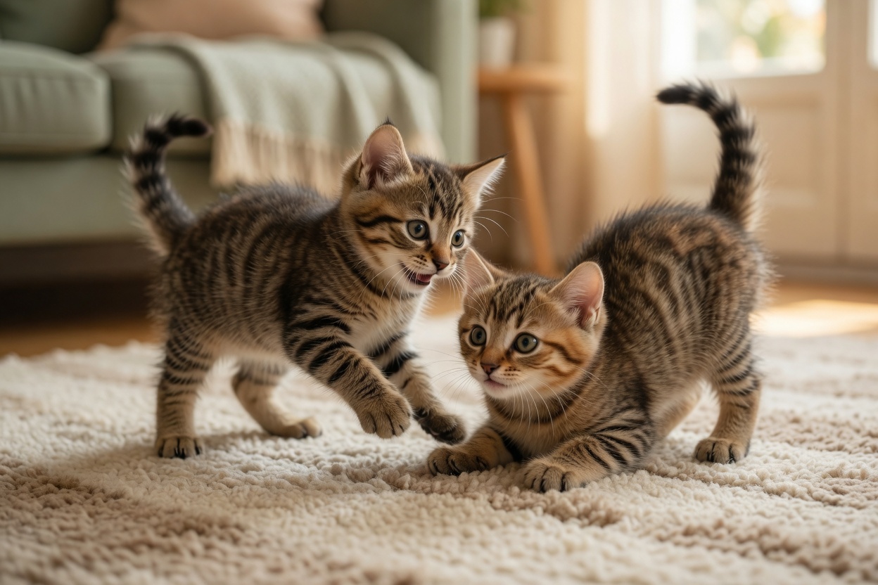 Two young tabby kittens playing together with relaxed body language and arched backs, demonstrating normal bite inhibition learning through littermate interaction