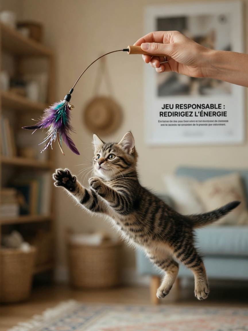 Young tabby kitten leaping to catch a feather teaser wand toy, with predatory focus directed at the toy rather than the human hand holding it