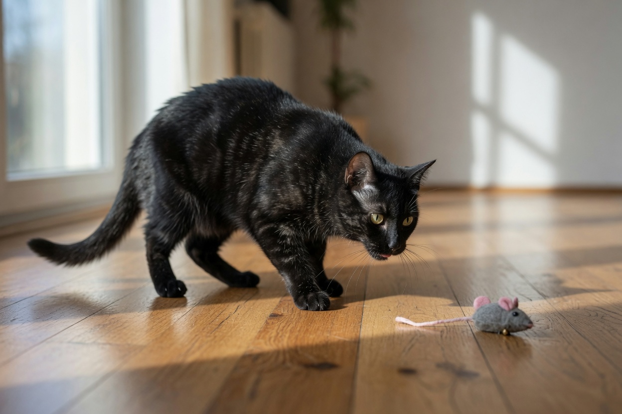 Gato adulto em postura de espreita demonstrando comportamento natural de caça predatória durante brincadeira