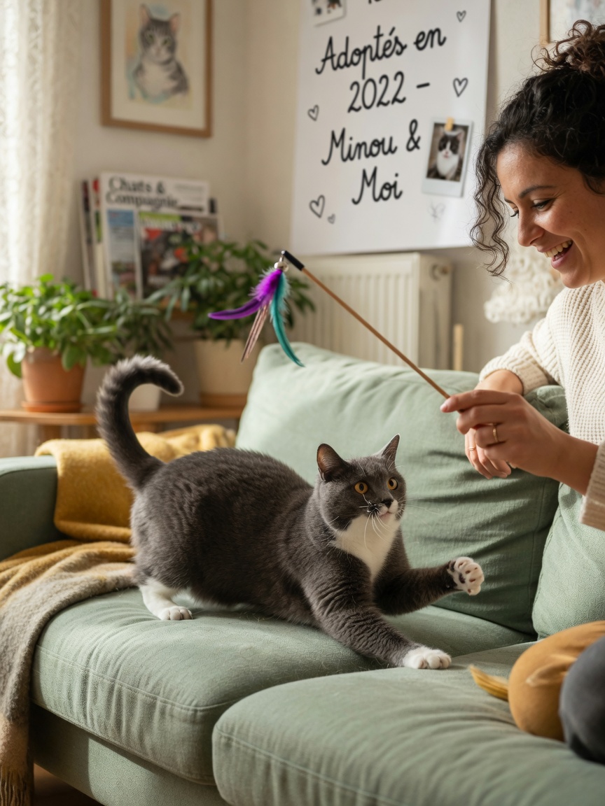 Dono e gato adulto brincando juntos com brinquedo de vara, demonstrando ligação humano-gato durante brincadeira interativa