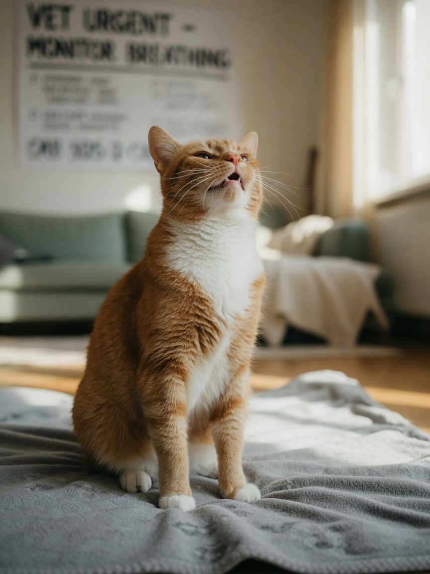 Cat displaying respiratory distress with extended neck and rapid shallow breathing