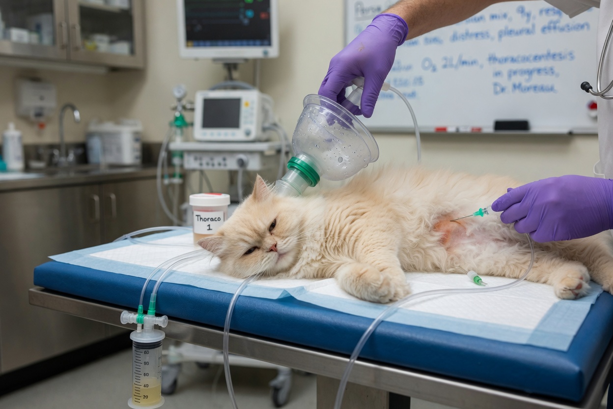 Cat receiving oxygen and undergoing thoracocentesis drainage procedure in veterinary clinic