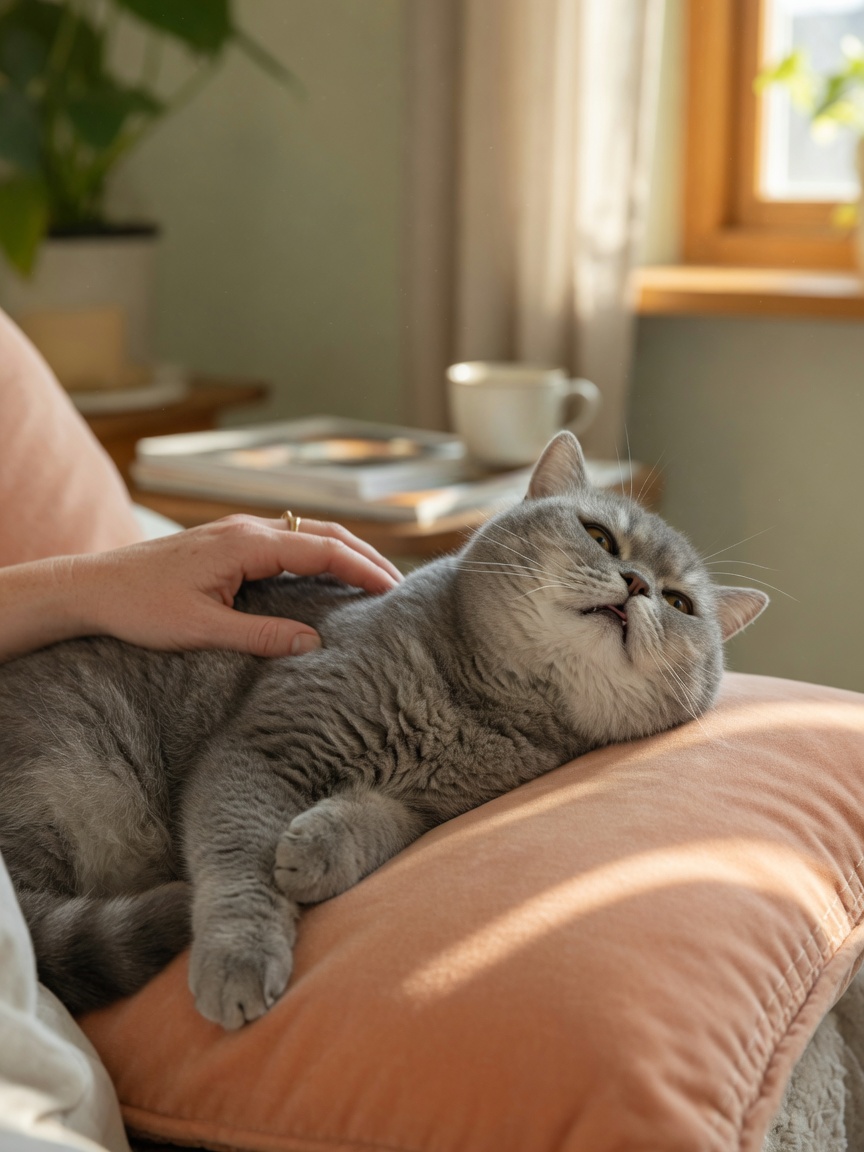 Gato letárgico con posición de cuello extendido mostrando dificultad respiratoria, mano del dueño cerca en preocupación
