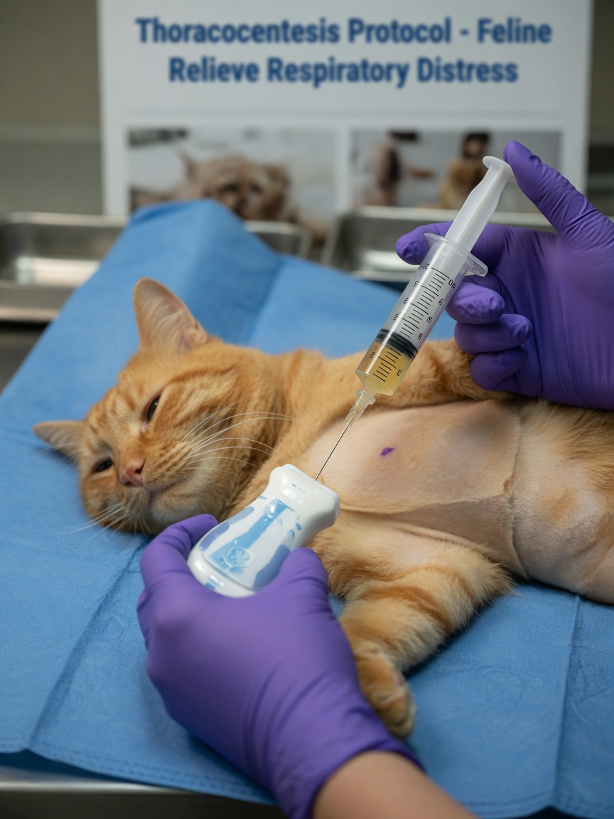 Veterinario realizando procedimiento de drenaje de líquido por toracocentesis en gato atigrado sedado